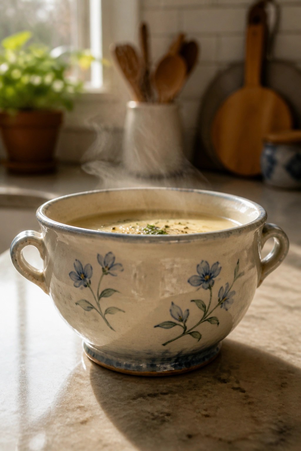 Steaming soup in a white ceramic bowl with blue flowers on marble counter