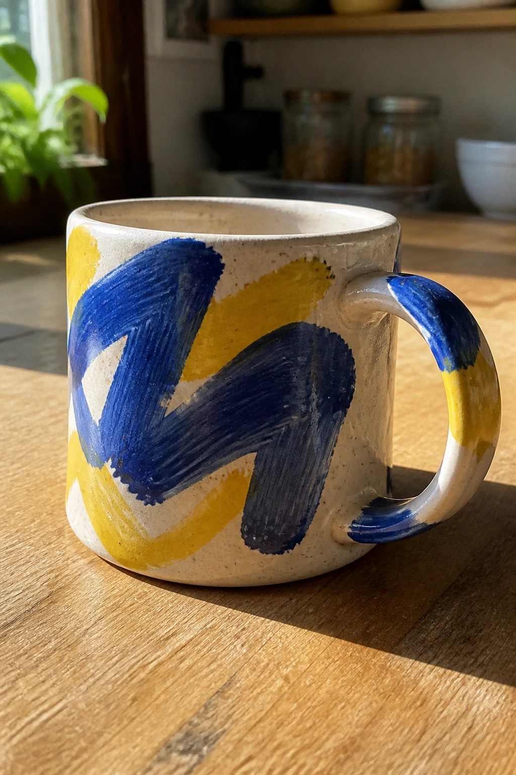 Ceramic mug with bold blue and yellow abstract brushstrokes on wooden table