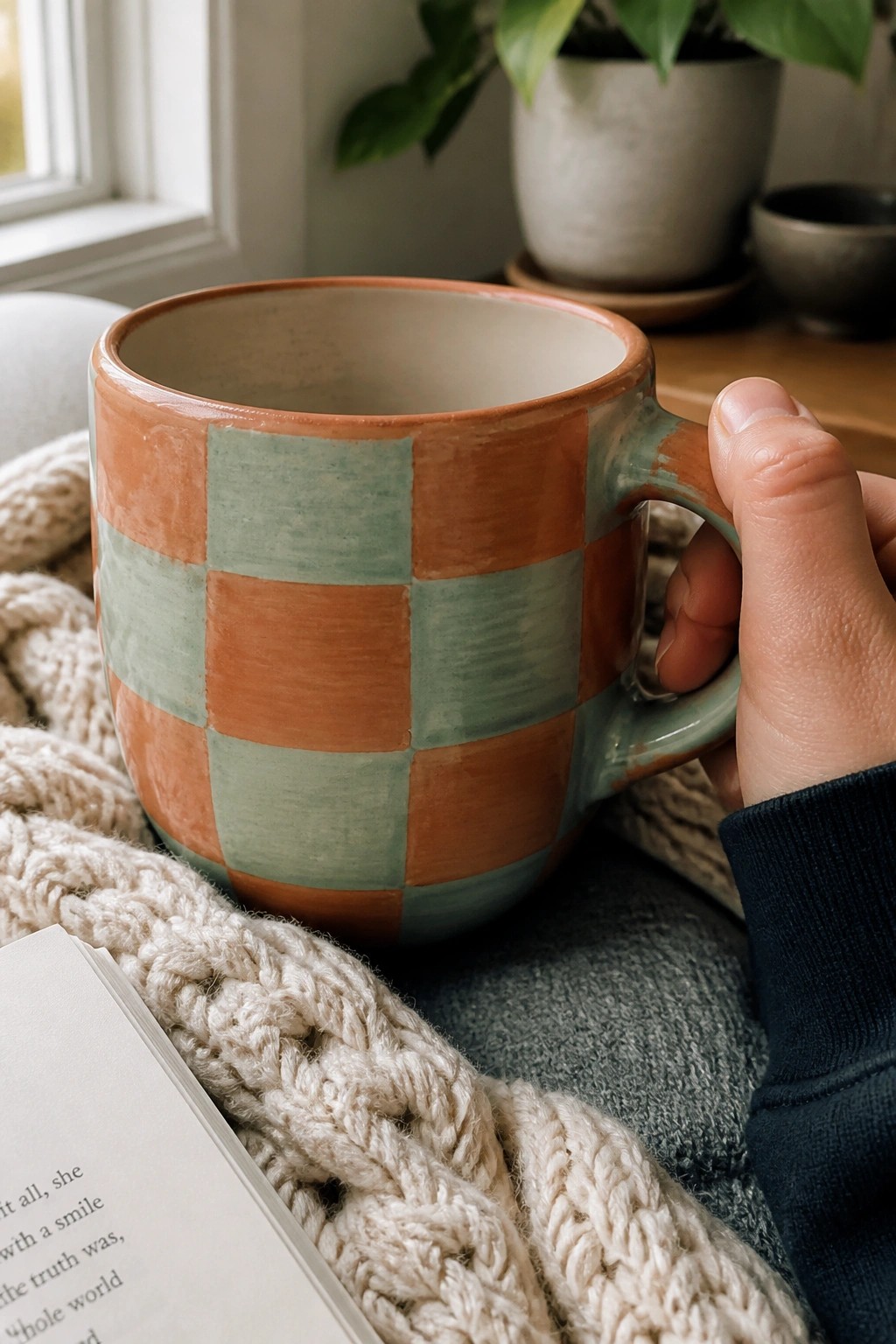 Hand holding orange-teal checkered mug on white knit blanket beside open book