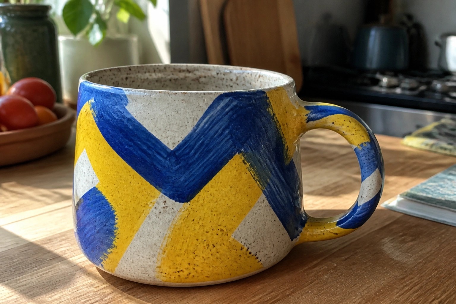 Ceramic mug with bold blue and yellow abstract brushstrokes on wooden table
