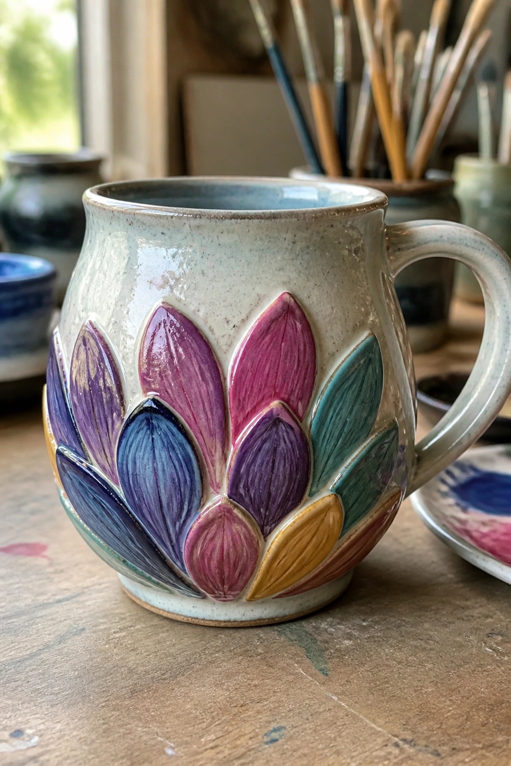 Ceramic mug with raised colorful petals in purple, pink, blue, and yellow on wood table