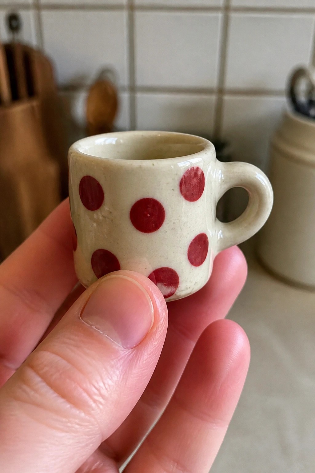 Hand holding small white ceramic mug with red polka dots and handle
