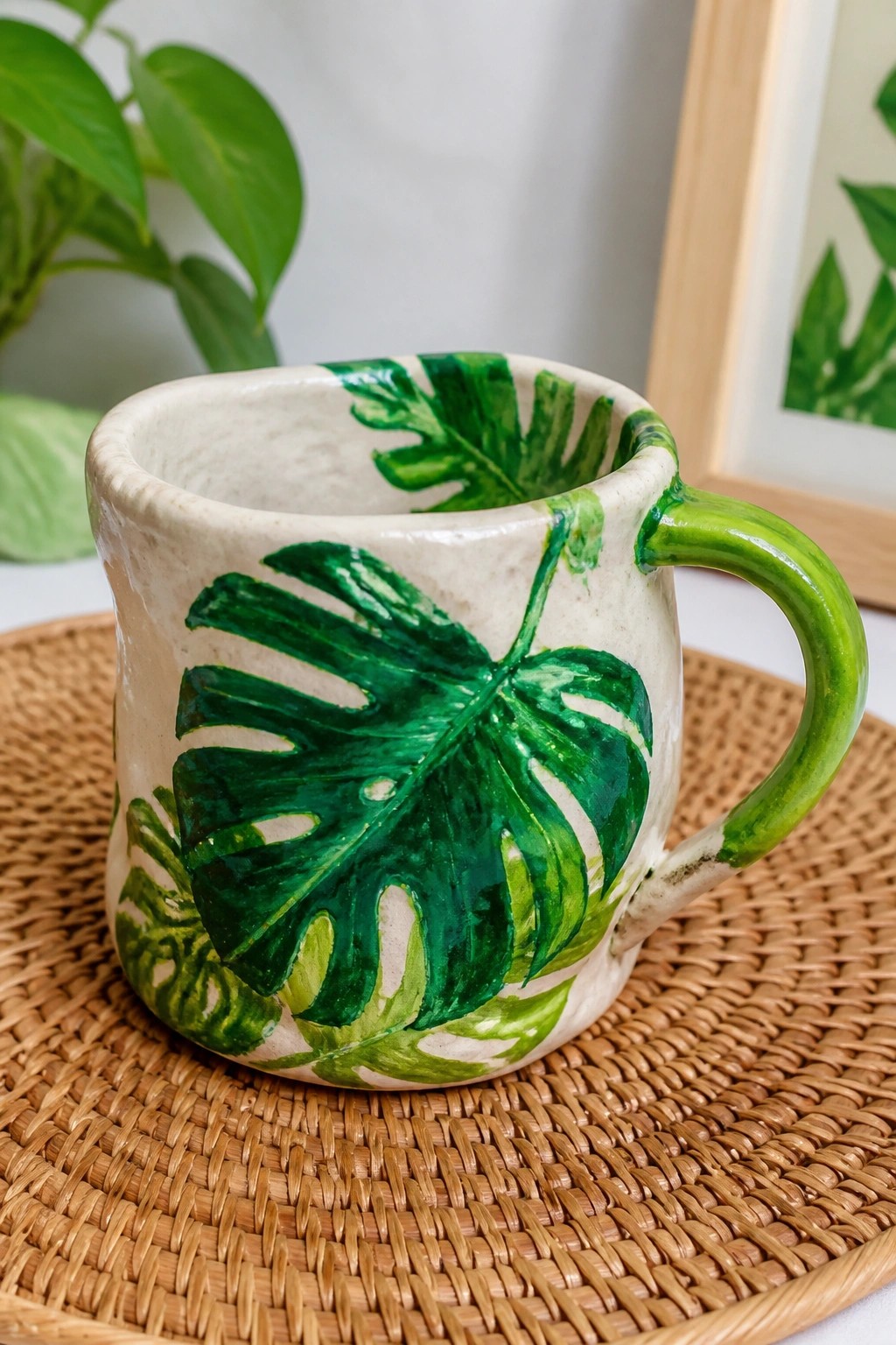 White ceramic mug with green monstera leaves on woven rattan mat