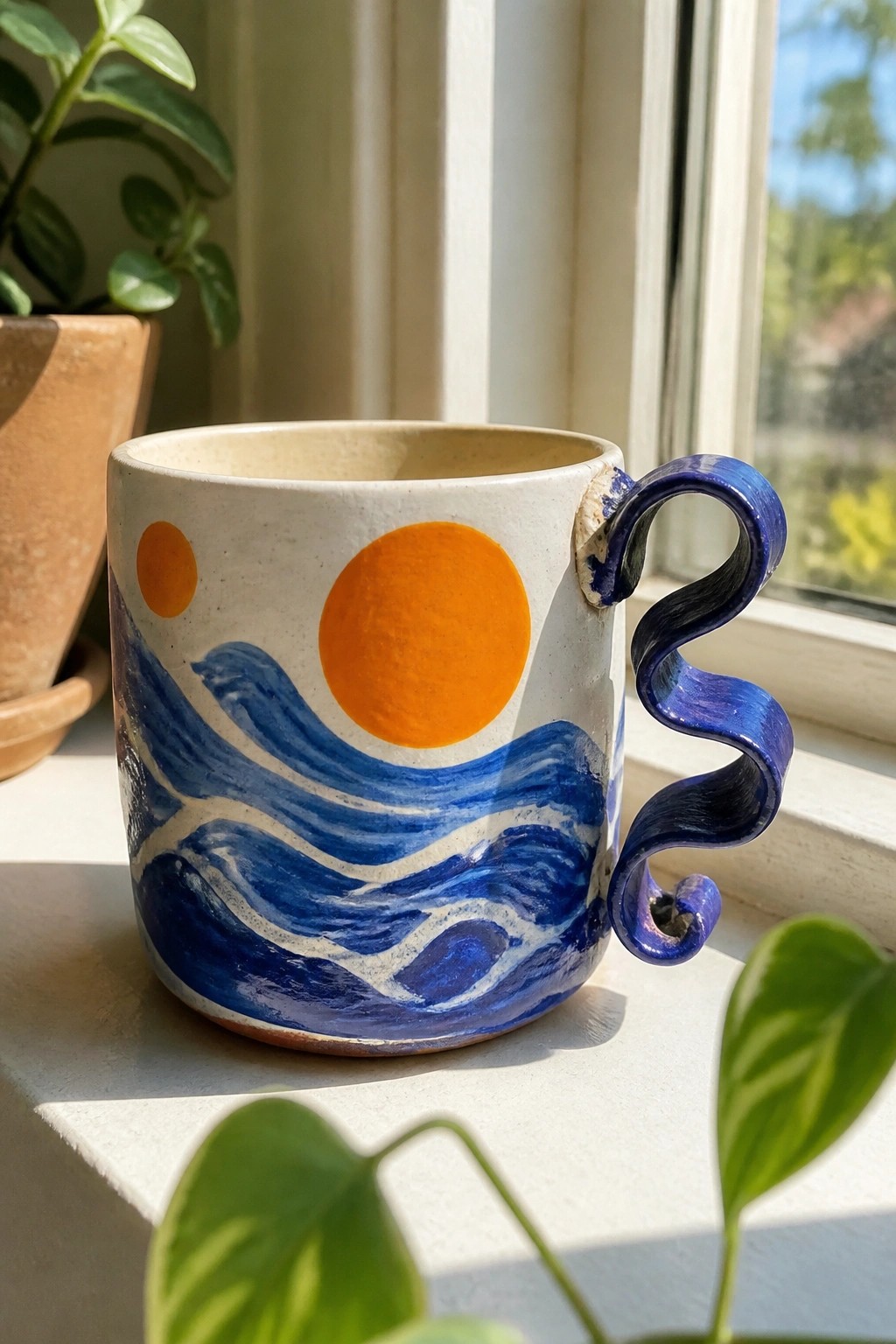 Ceramic mug with blue waves, orange sun, and curly handle on sunny windowsill
