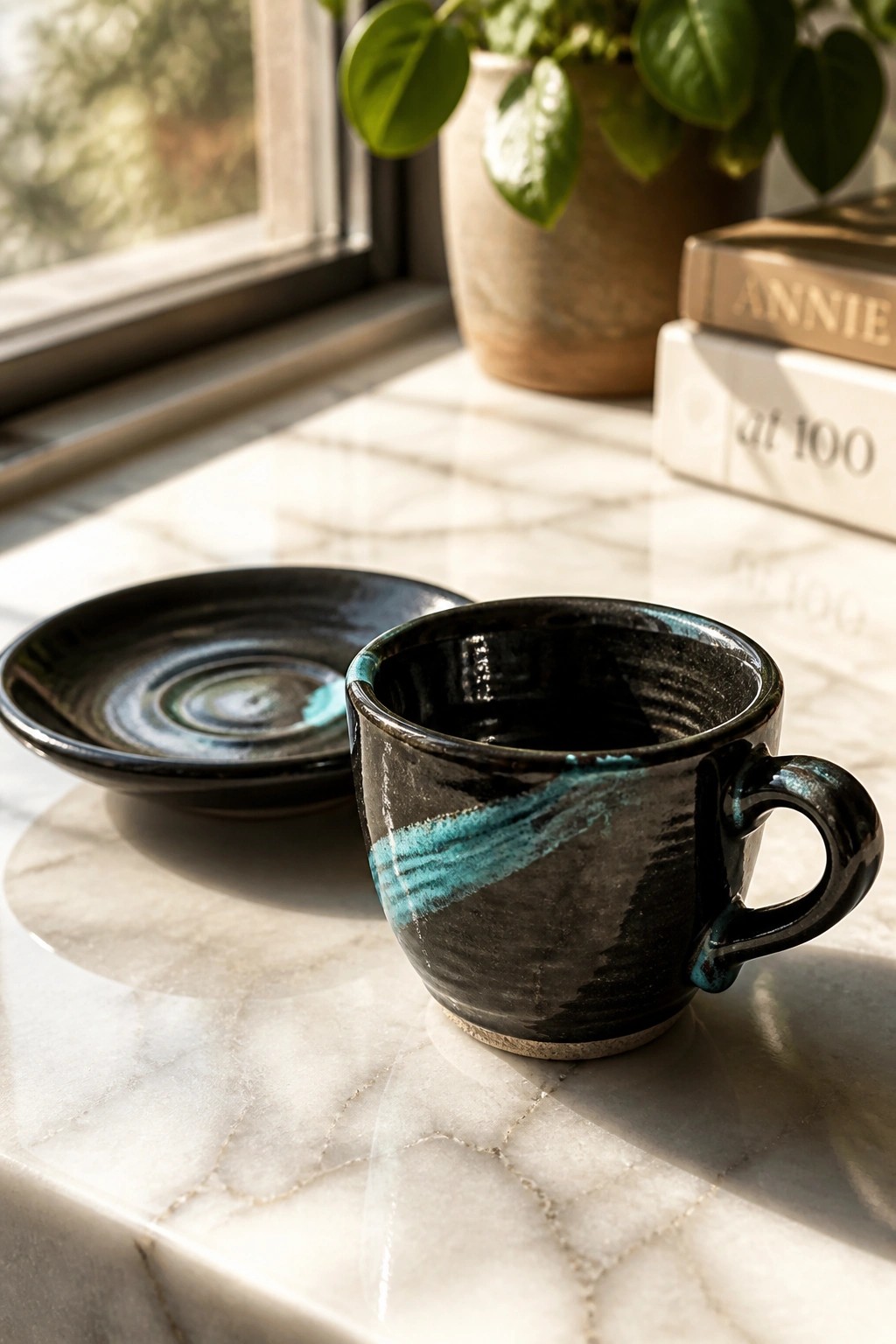 Black ceramic mug with turquoise glaze beside saucer on sunlit marble windowsill.