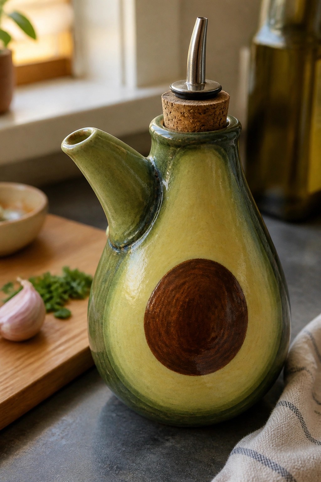 Avocado-shaped green ceramic oil dispenser beside garlic and herbs on wooden board