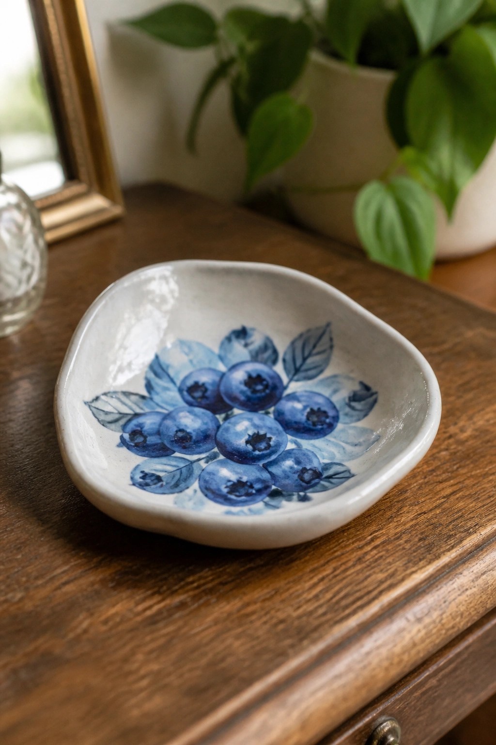 Asymmetrical white ceramic bowl with blue blueberry design on wooden table