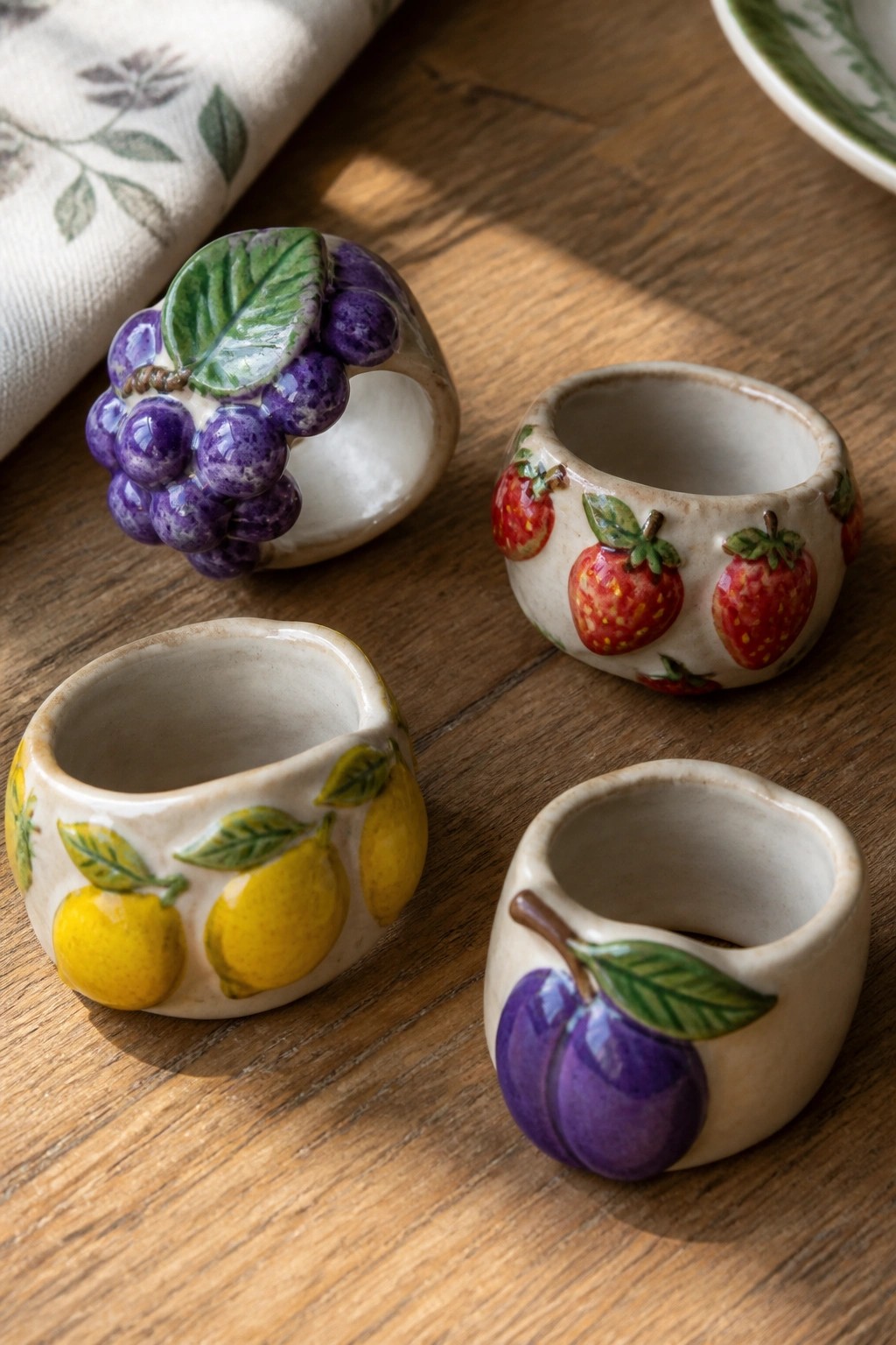 Four ceramic rings adorned with grapes, strawberries, lemons, and a plum on wooden table.