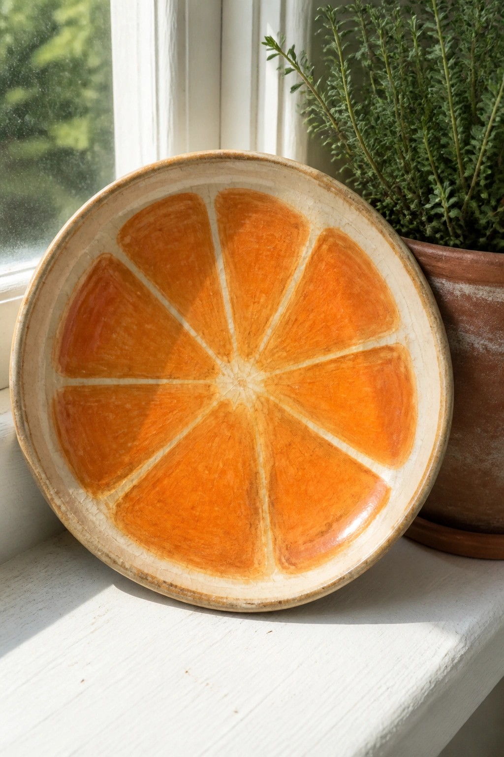 Orange-slice ceramic plate on white windowsill beside potted green plant in sunlight.