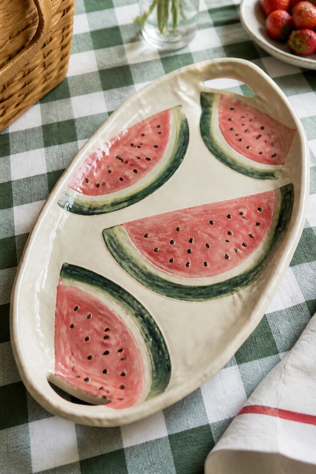 Oval ceramic tray with painted watermelon slices on green checkered tablecloth
