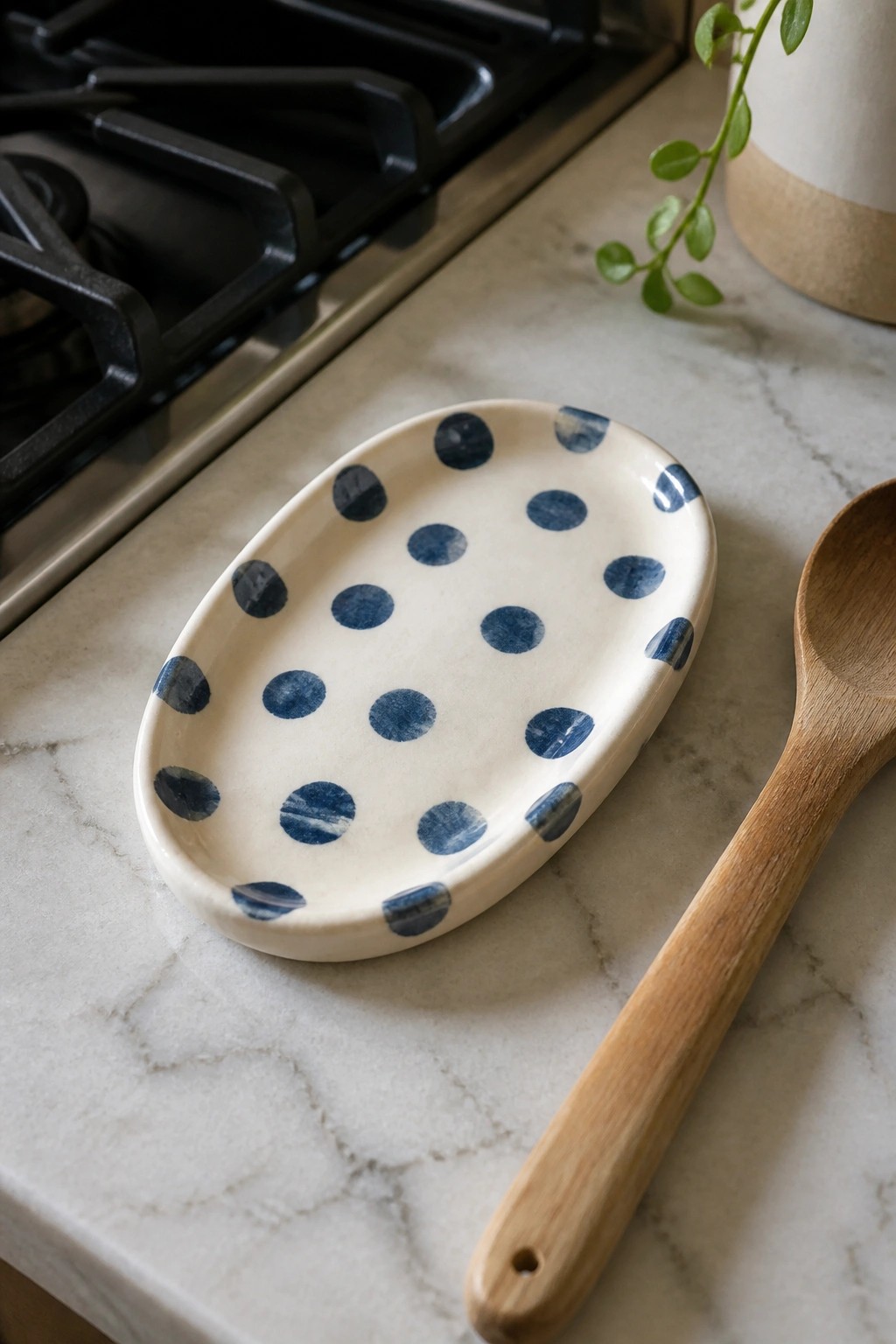 Blue polka-dotted oval plate beside wooden spoon on marble countertop