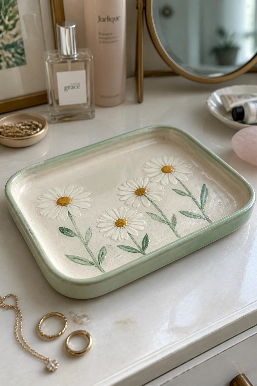 Ceramic daisy tray on marble vanity with perfume bottles and gold jewelry