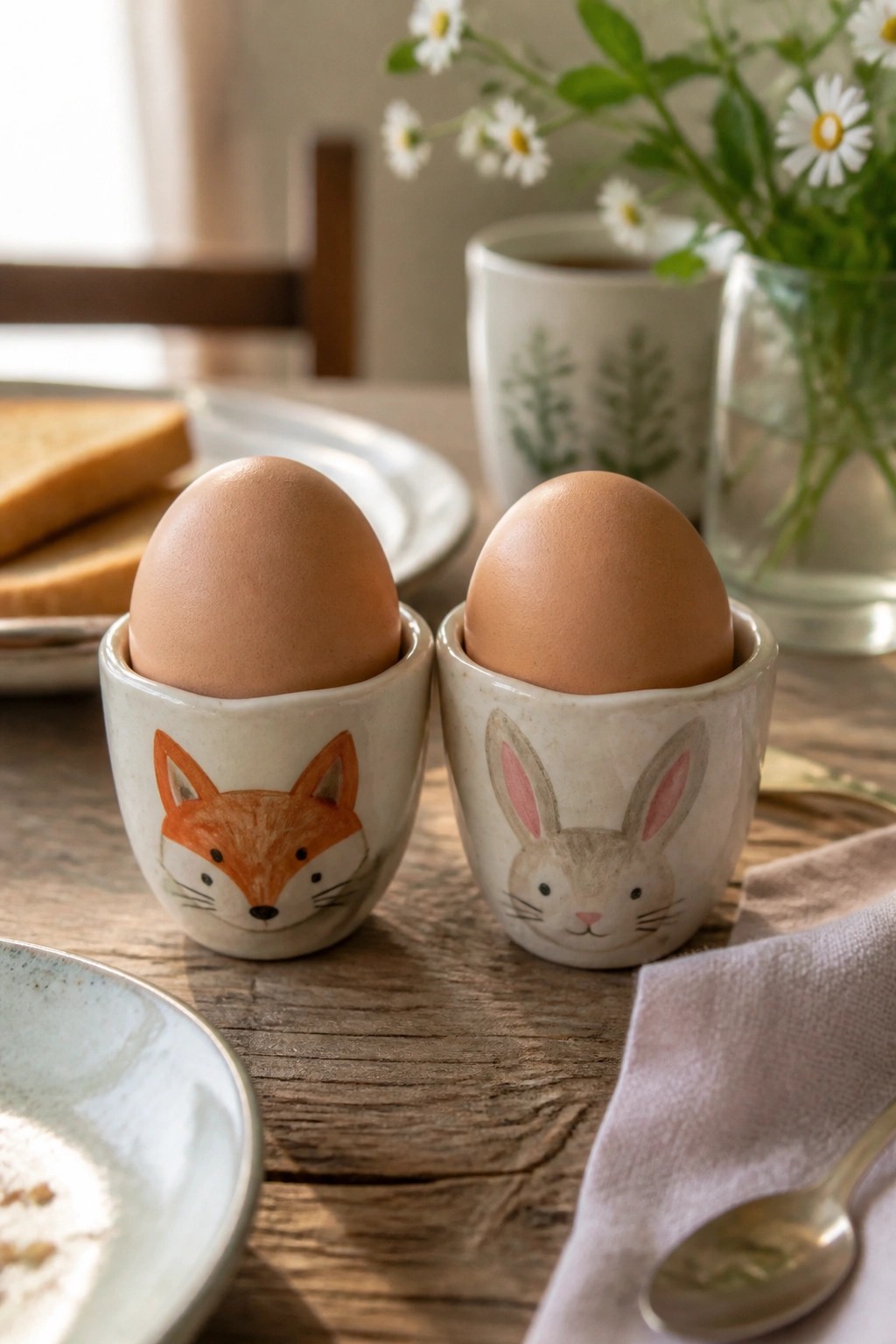 Two fox and rabbit egg cups holding brown eggs on rustic wooden table.