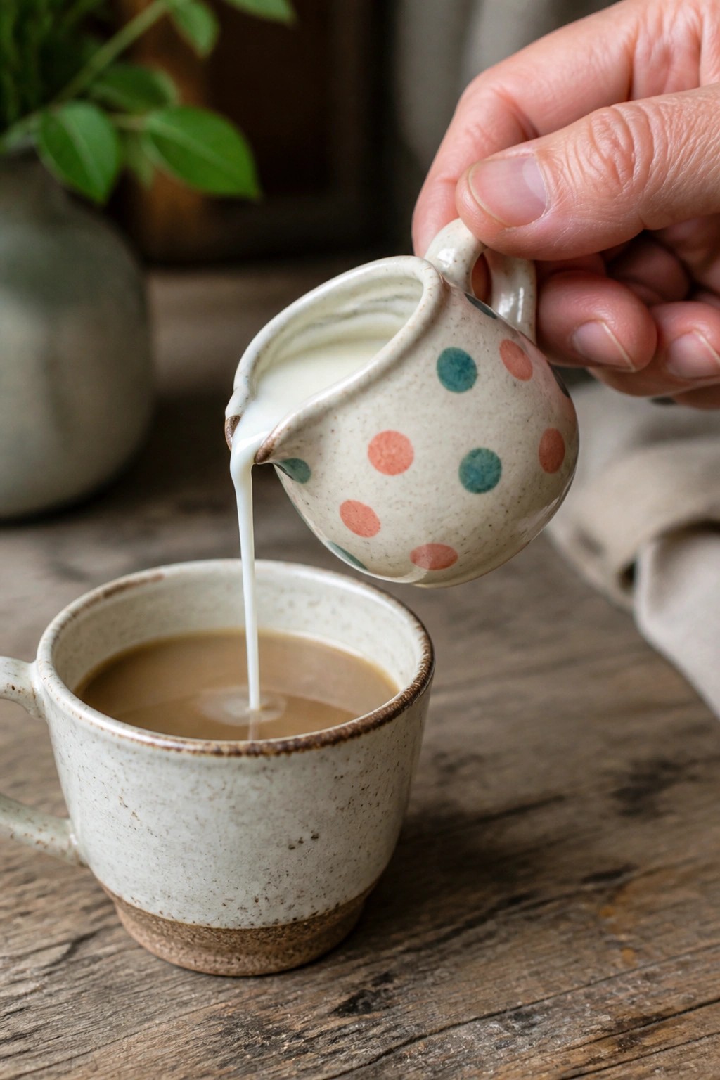 Hand pouring milk from polka-dotted ceramic pitcher into speckled coffee mug on wood table