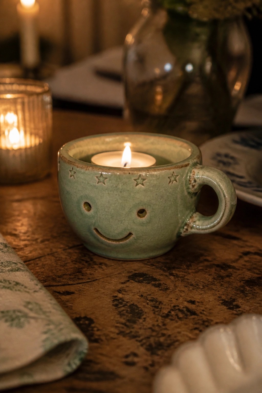 Green ceramic smiley-face mug holding lit candle on wooden table