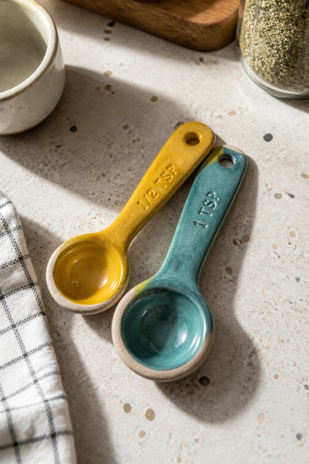 Yellow and teal ceramic measuring spoons on speckled kitchen countertop with checkered cloth.
