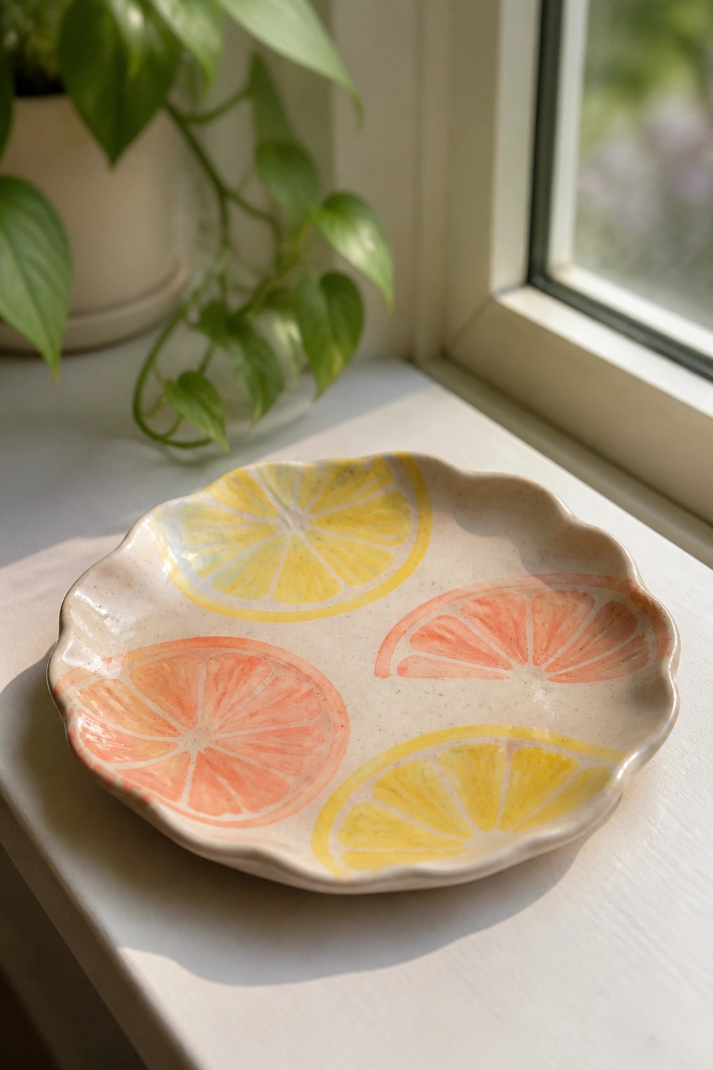 Ceramic scalloped plate with yellow lemons and pink citrus slices on windowsill