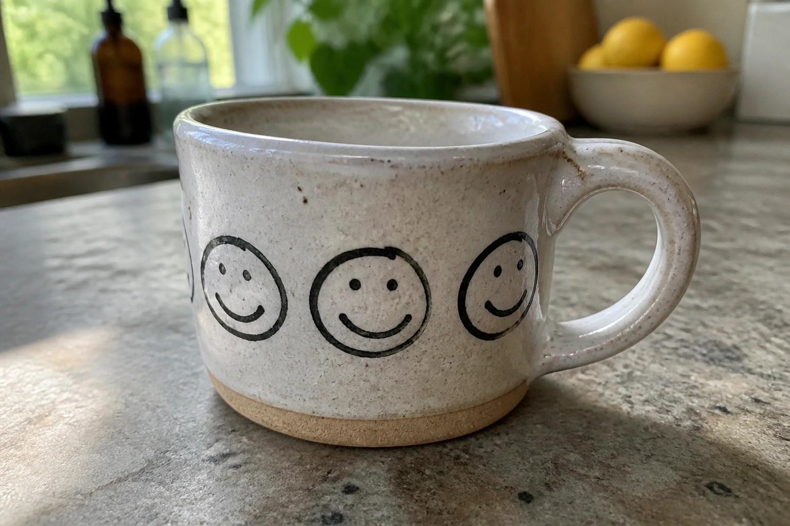 White ceramic mug with three hand-drawn smiley faces on marble counter