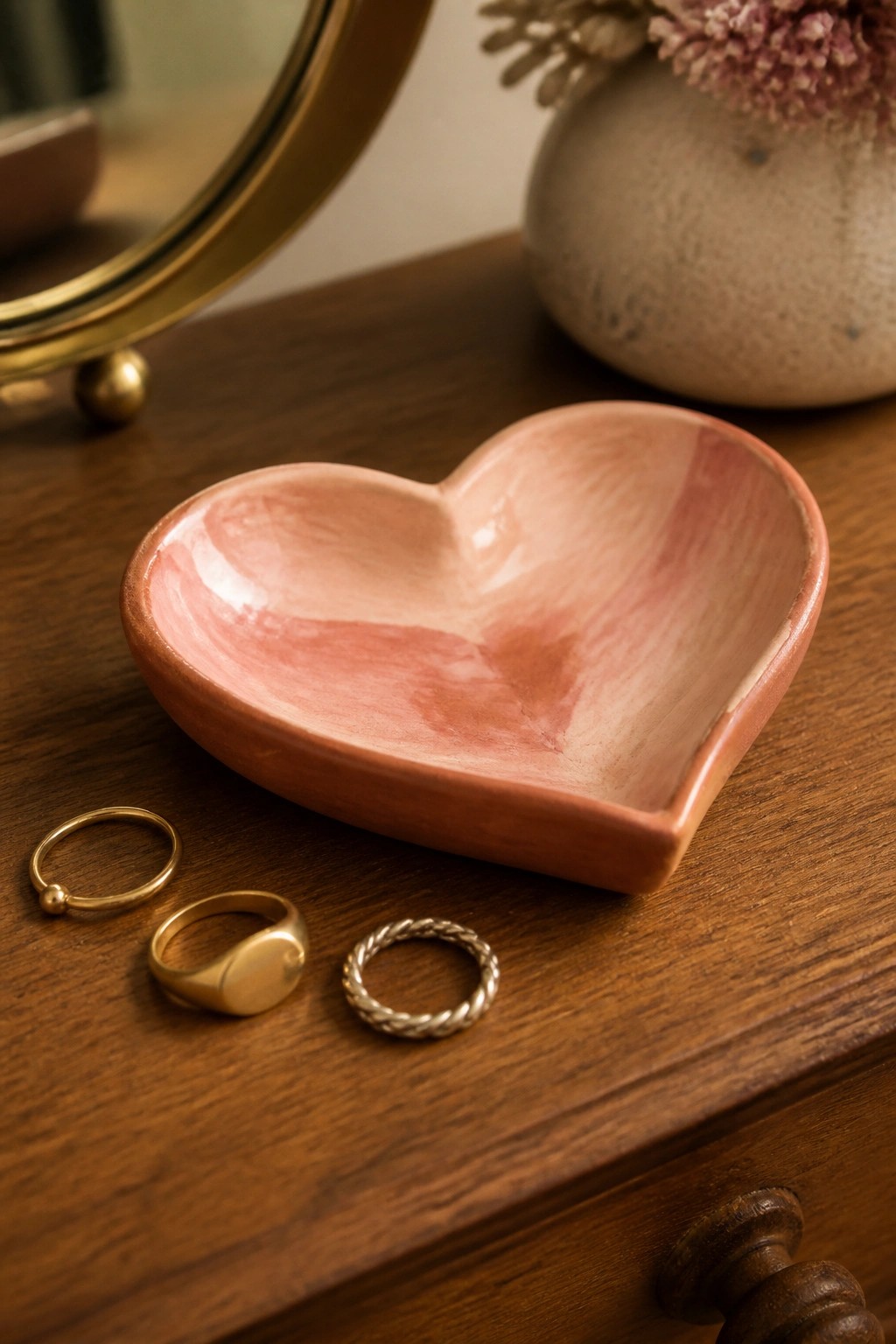 Pink heart-shaped ceramic dish beside gold and silver rings on wooden dresser