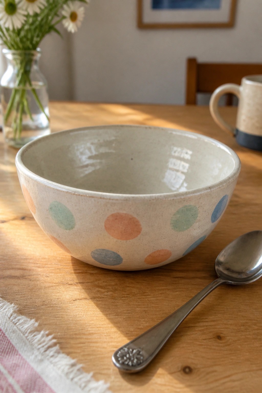 Colorful polka-dotted ceramic bowl with spoon on sunlit wooden table.