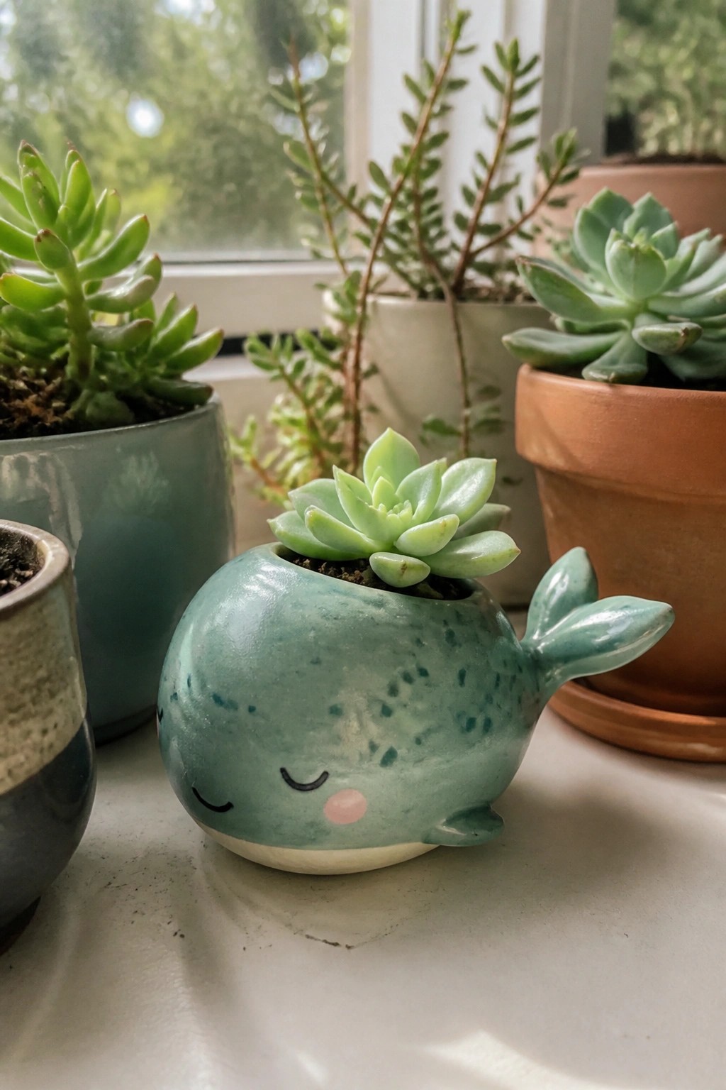 Cute light blue whale-shaped ceramic planter with succulent on sunny windowsill