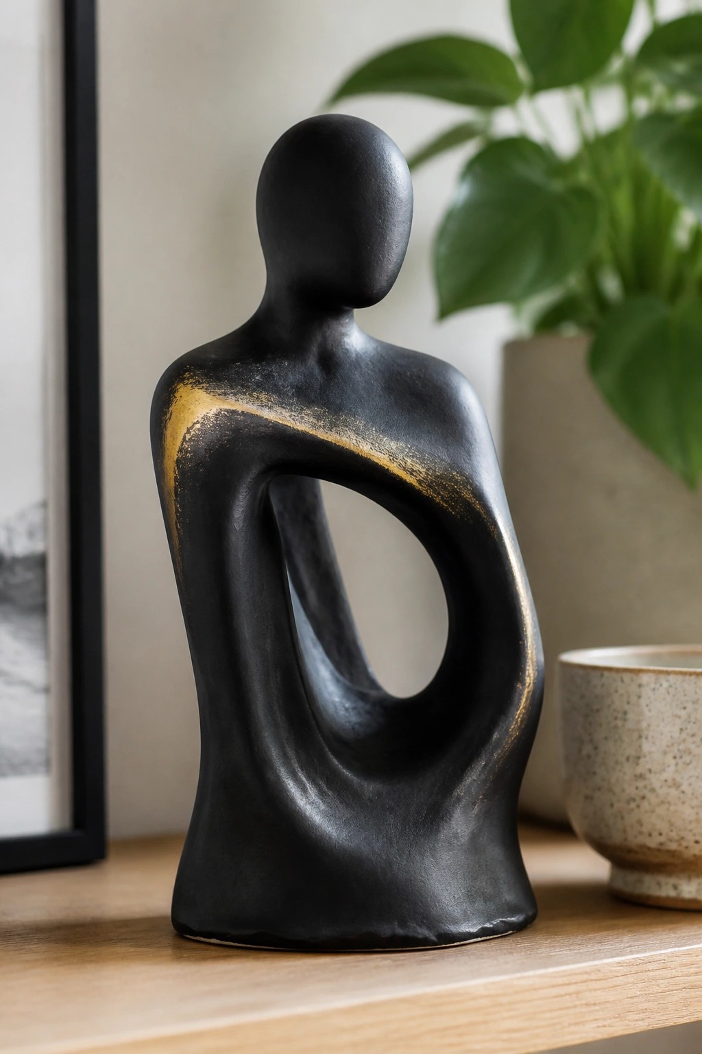 Abstract black sculpture with gold accents and looped torso on wooden shelf