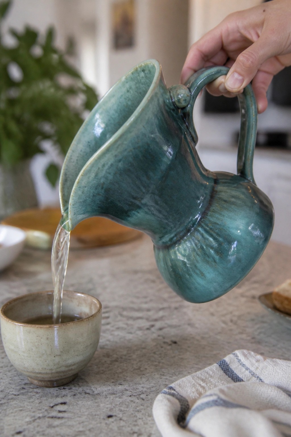 Hand pours water from teal ceramic pitcher into small beige cup on counter