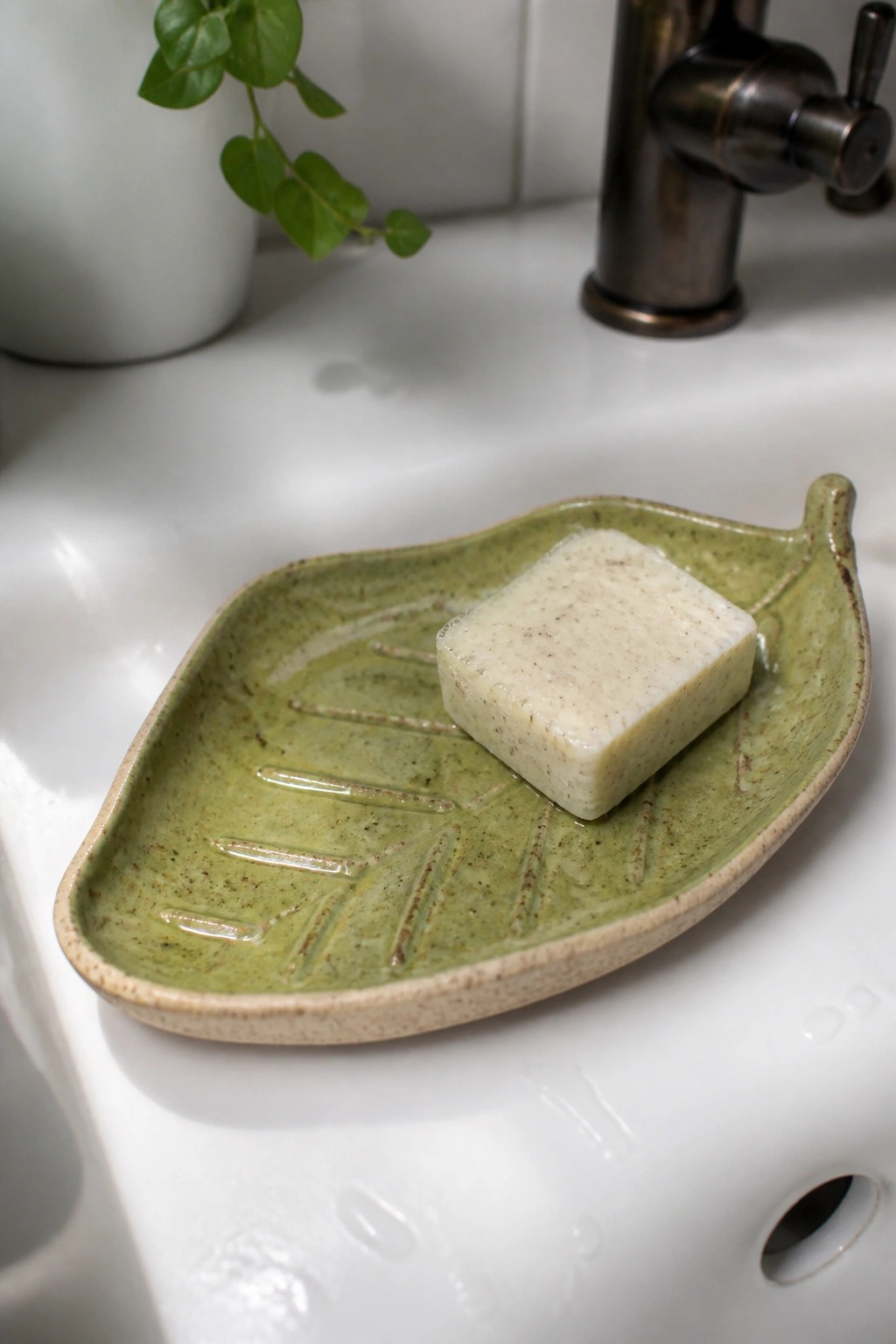 Green leaf-shaped ceramic dish holding speckled soap bar on white sink.