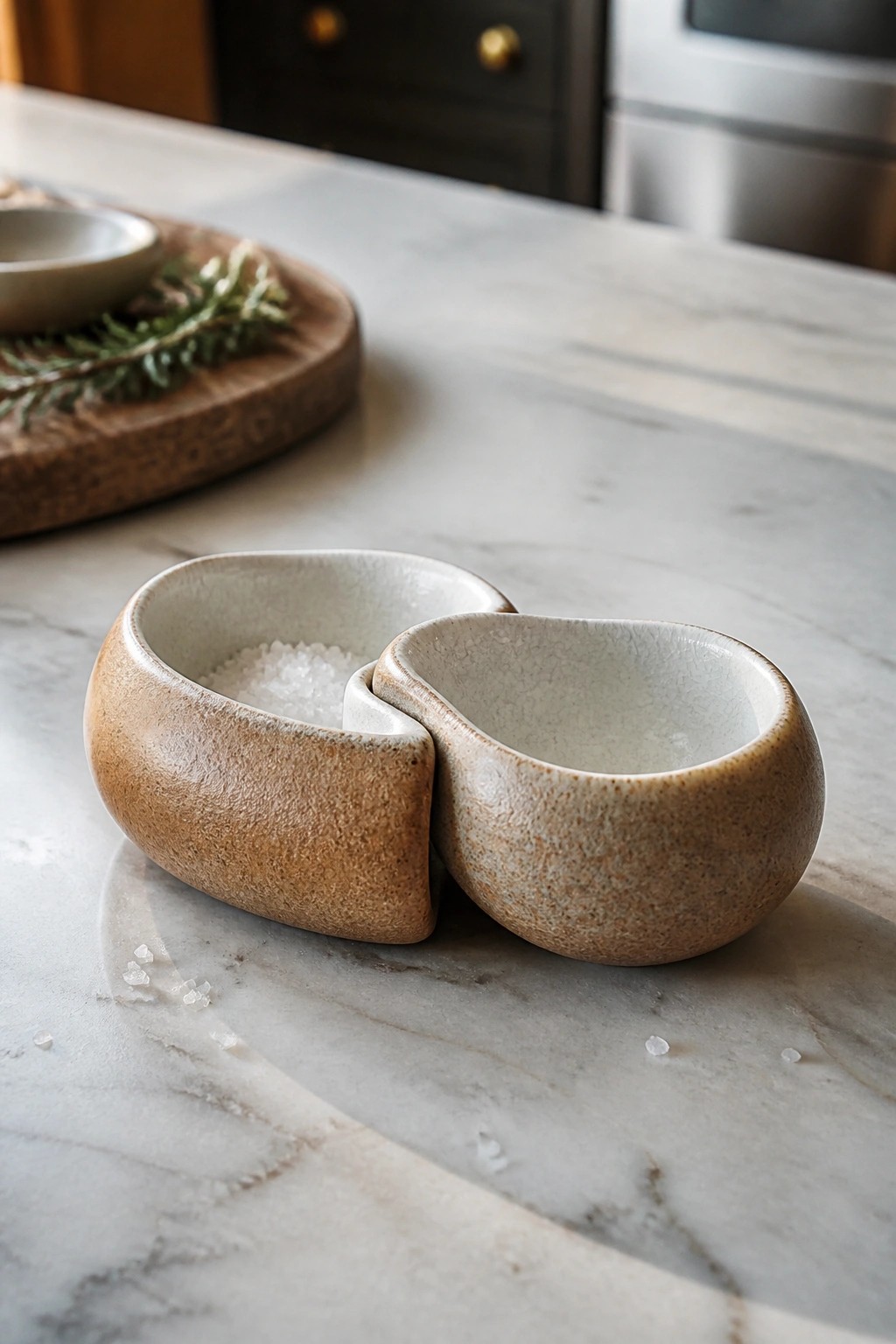Two fused ceramic bowls on marble counter, one filled with coarse salt