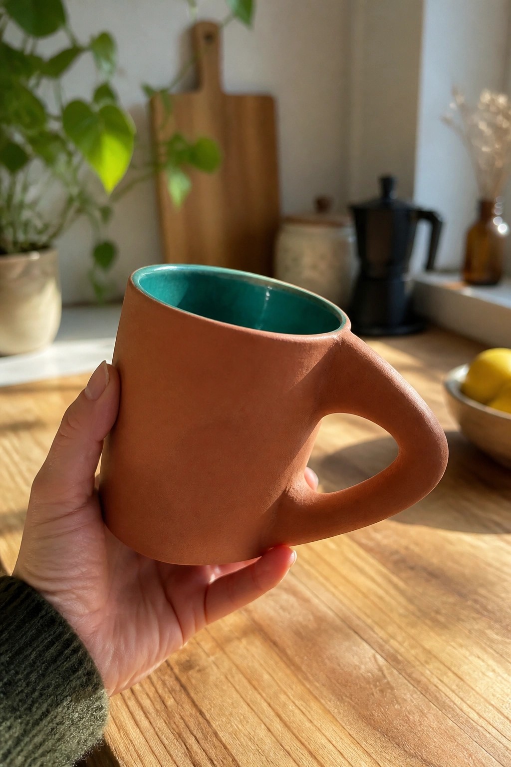 Green-sleeved hand holding terracotta mug with teal interior on wooden table