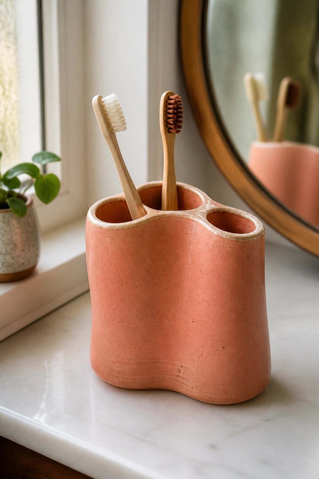 Organic-shaped coral ceramic holder with wooden toothbrushes on marble counter