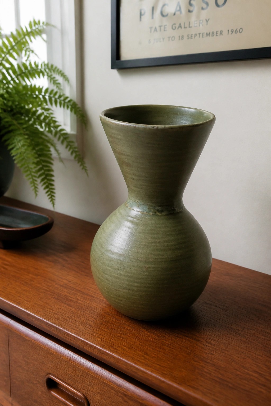 Green ceramic vase on wooden dresser beside fern and Picasso poster