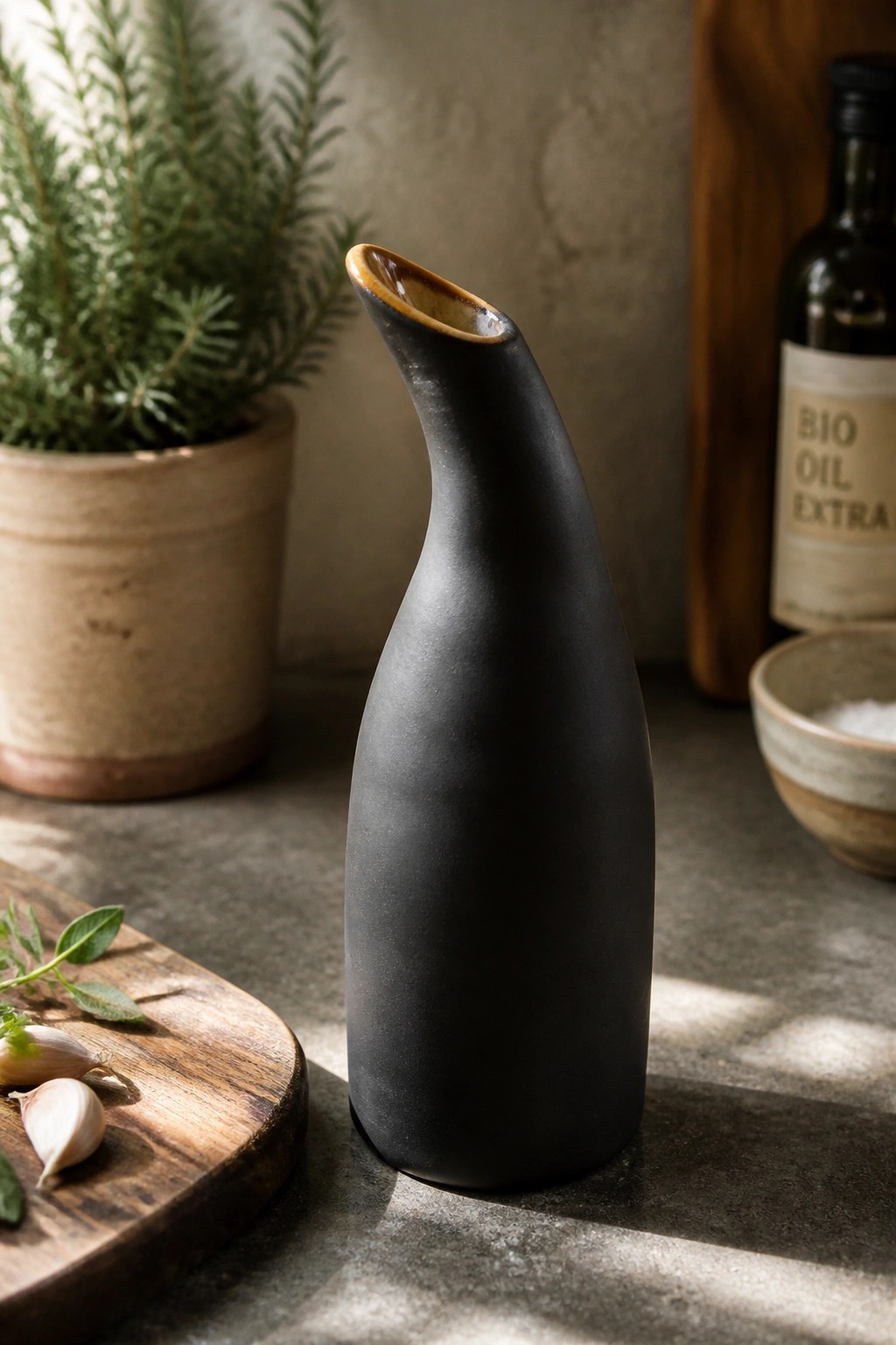 Black matte ceramic pitcher on gray countertop beside garlic and herbs