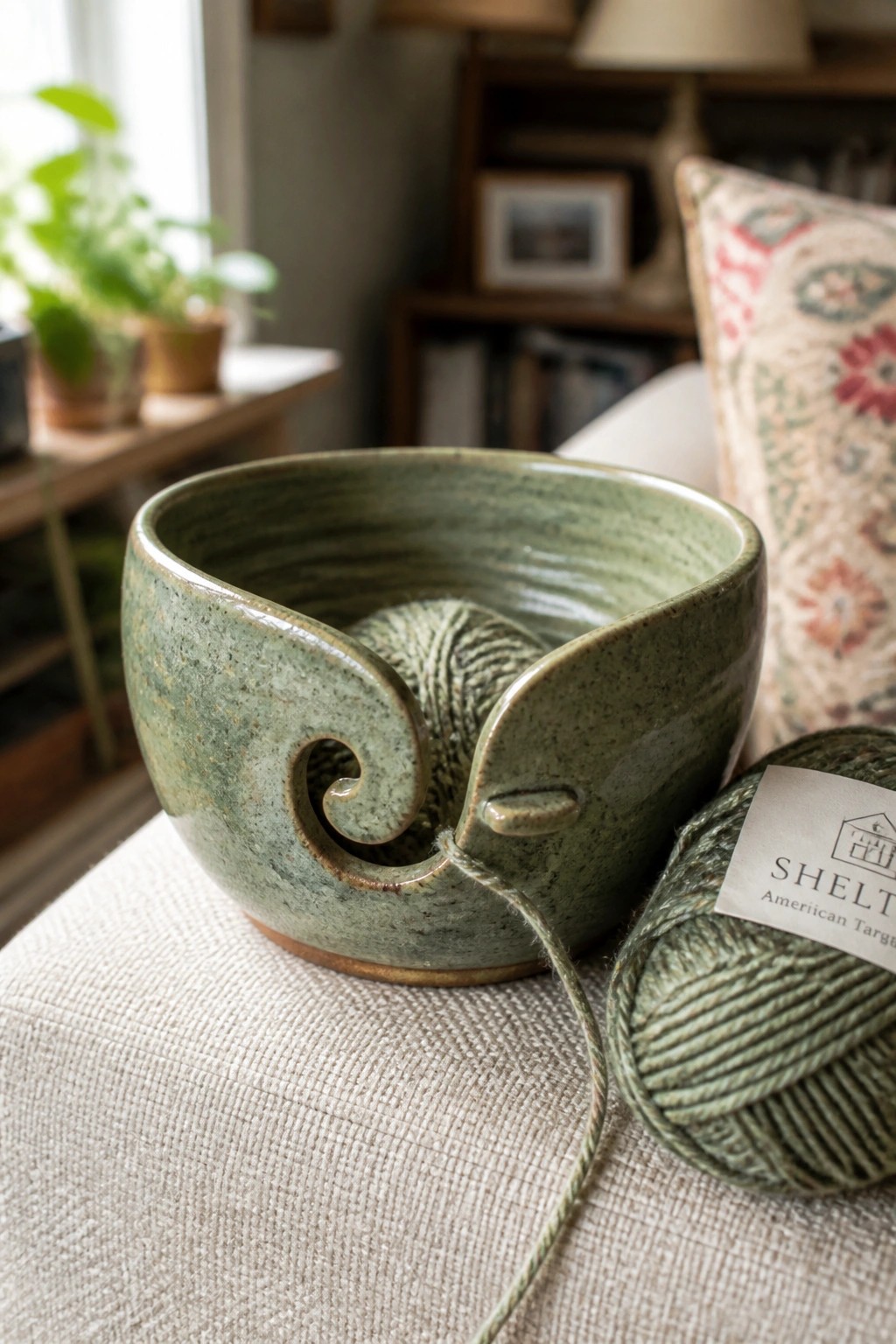 Green ceramic yarn bowl with spiral cutout and green yarn on fabric