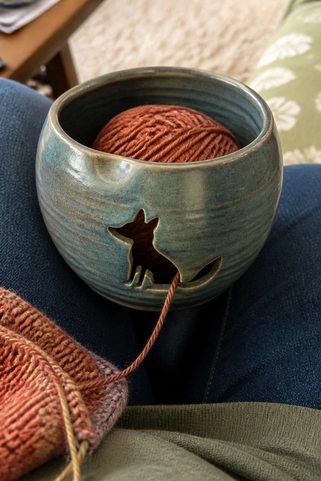 Teal ceramic yarn bowl with cat cutout and rust yarn on lap beside knitting.