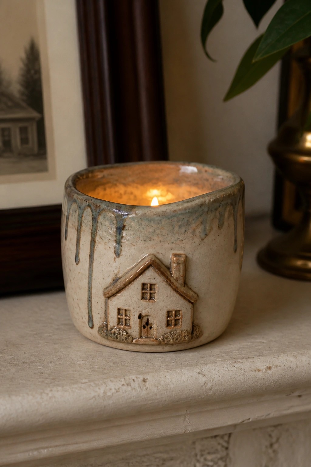 Lit candle inside ceramic holder with house relief and dripping blue glaze on mantel