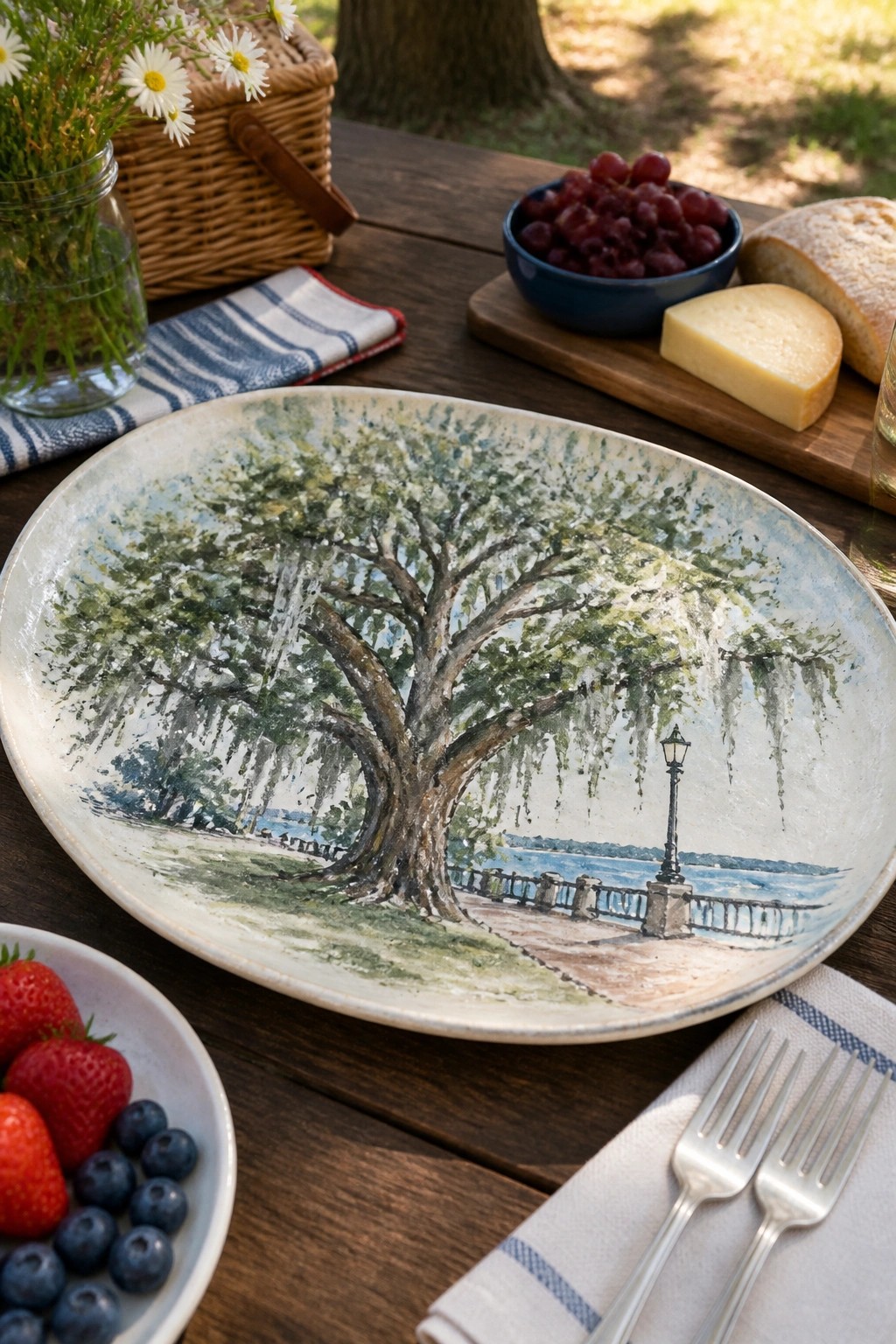 Ceramic plate with tree painting on picnic table amid fruits, bread, and cheese