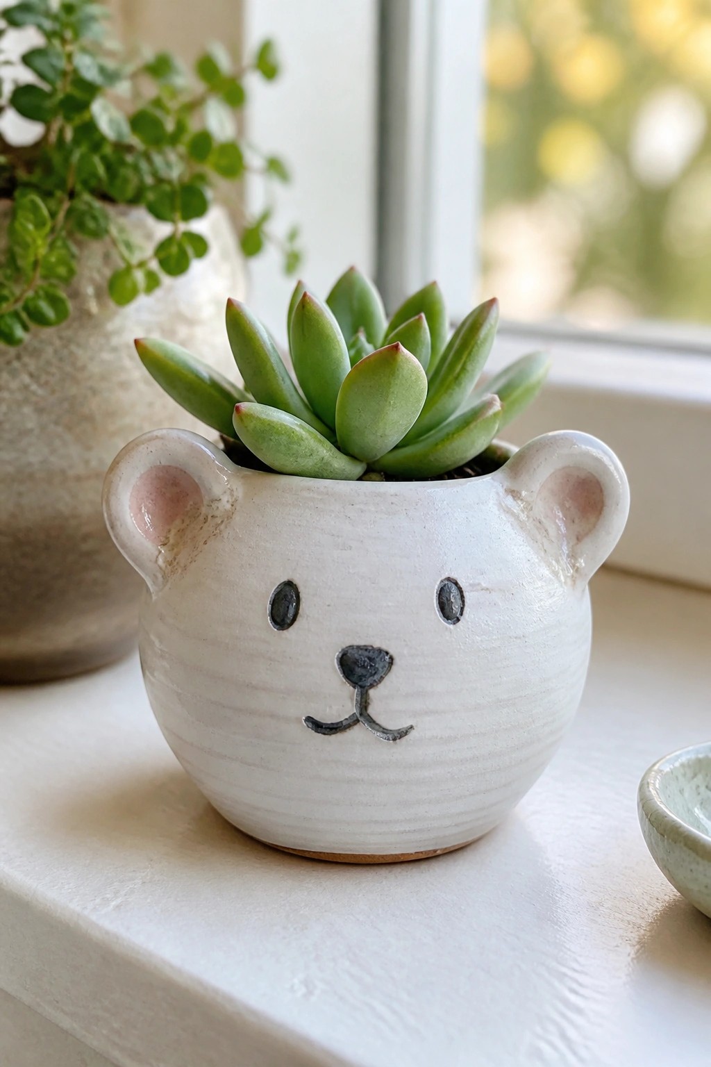 White bear-shaped ceramic planter with green succulent on sunny windowsill