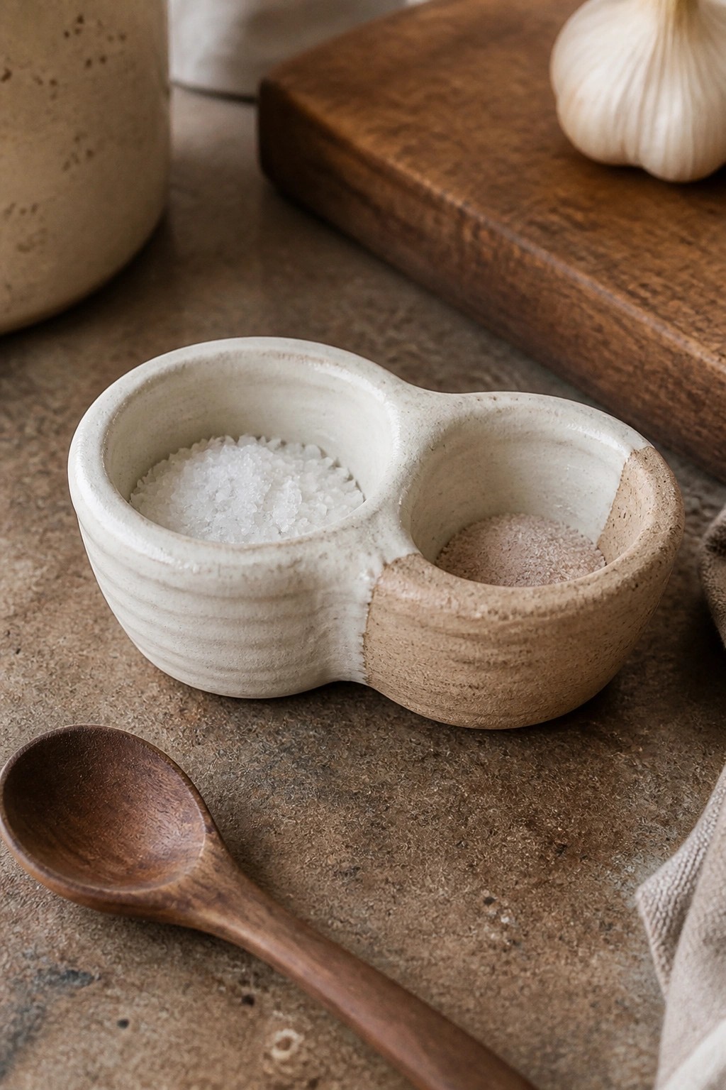 Rustic two-toned ceramic bowl with white and pink salts, wooden spoon, and garlic.