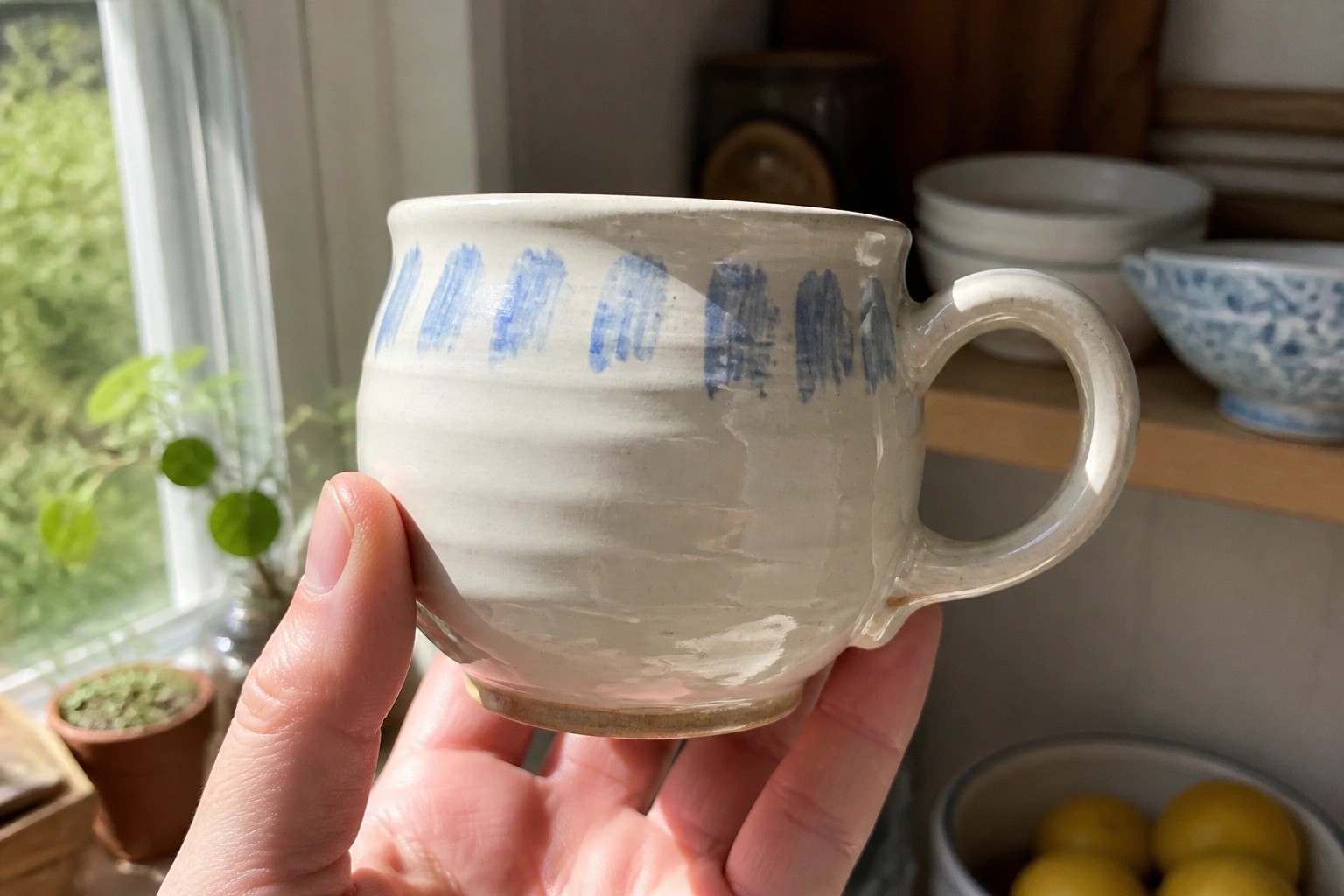 Hand in white sleeve holding cream ceramic mug with blue brushstrokes by sunny window