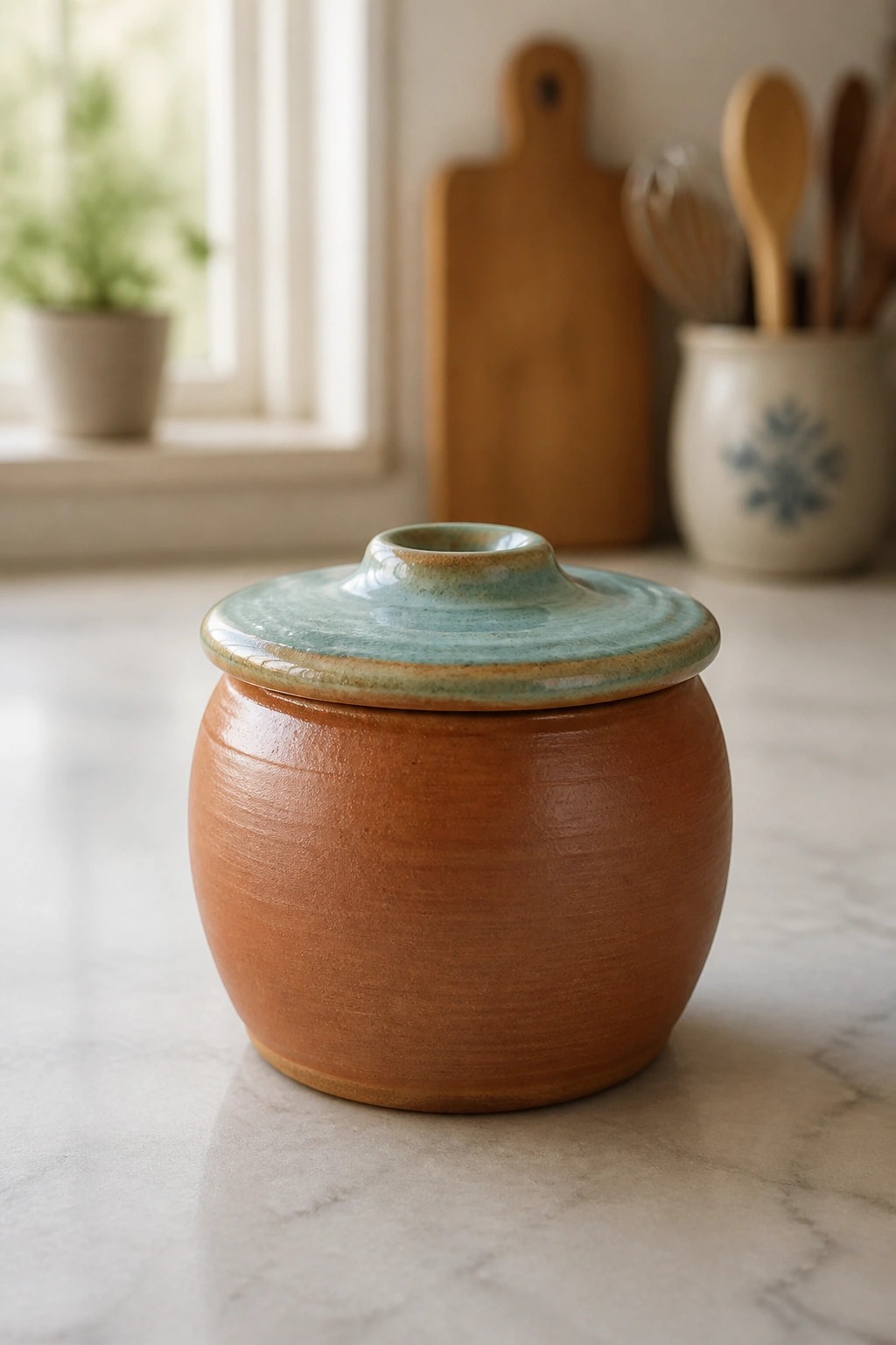 Brown ceramic jar with turquoise lid on white marble kitchen countertop