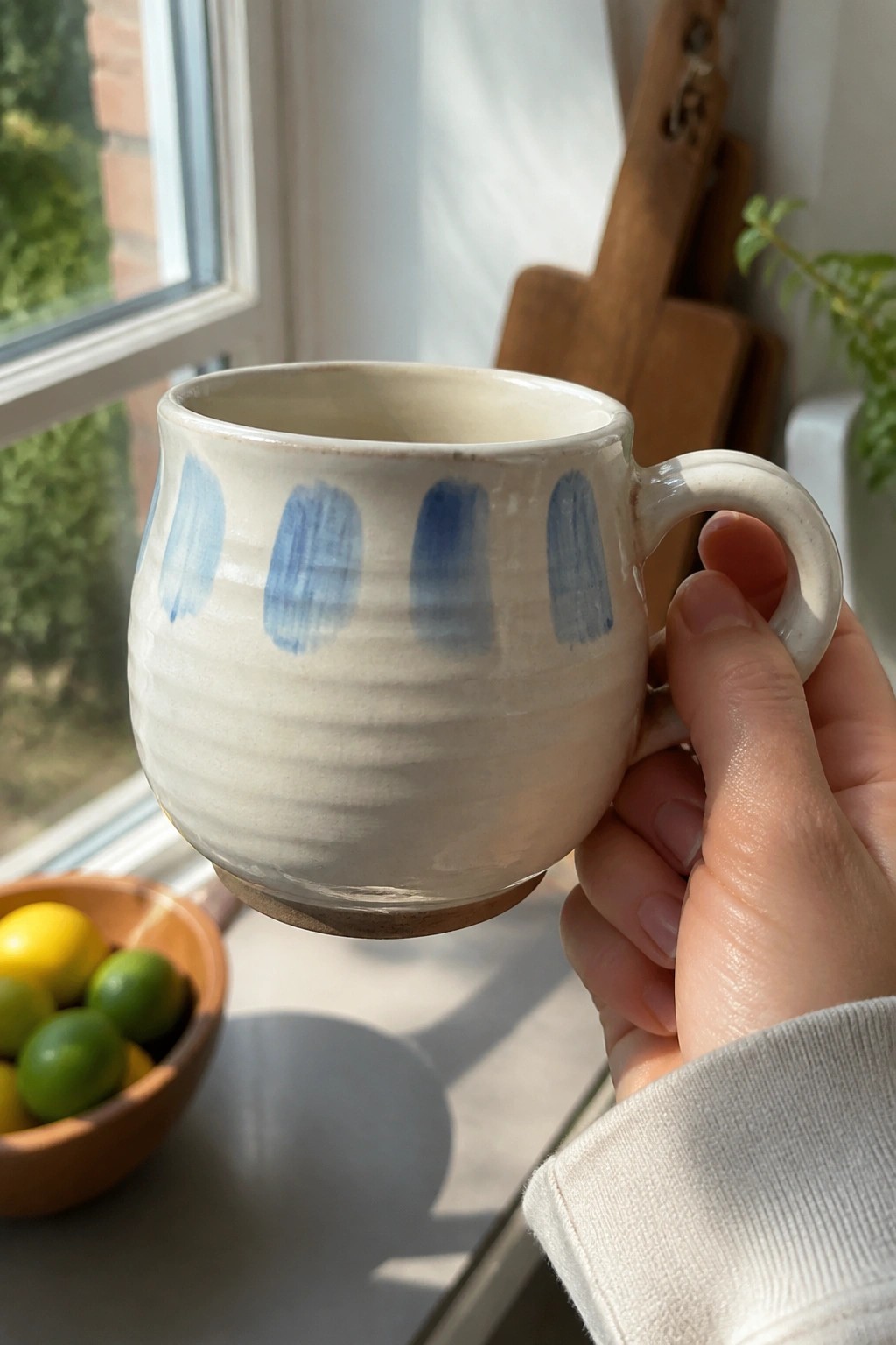 Hand in white sleeve holding cream ceramic mug with blue brushstrokes by sunny window