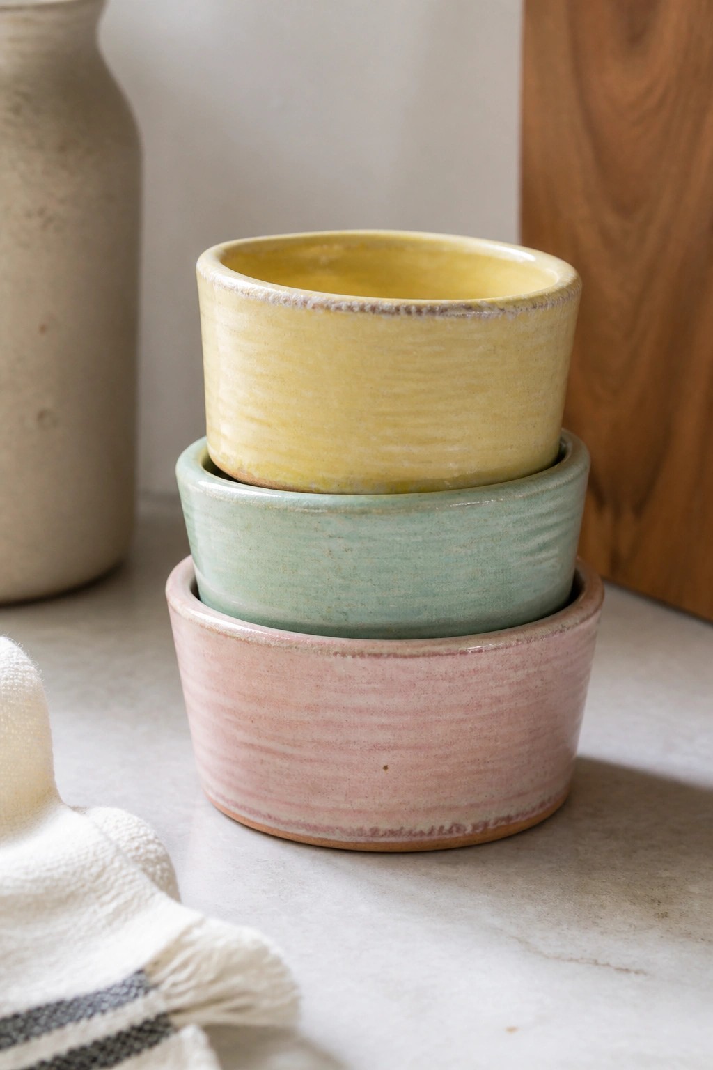 Three stacked ceramic bowls in yellow, green, and pink on a countertop