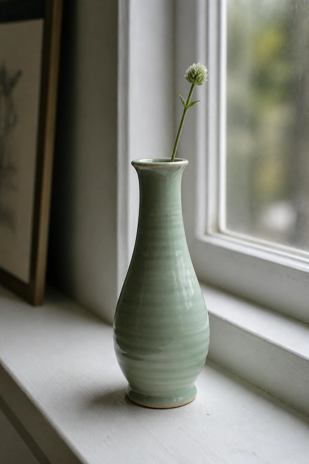 Light green ribbed vase holding single white flower on white windowsill by window