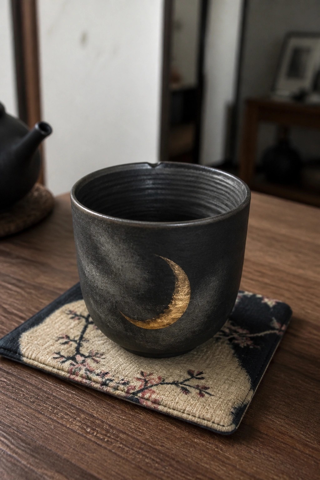 Dark ceramic cup with gold crescent moon on floral coaster atop wooden table