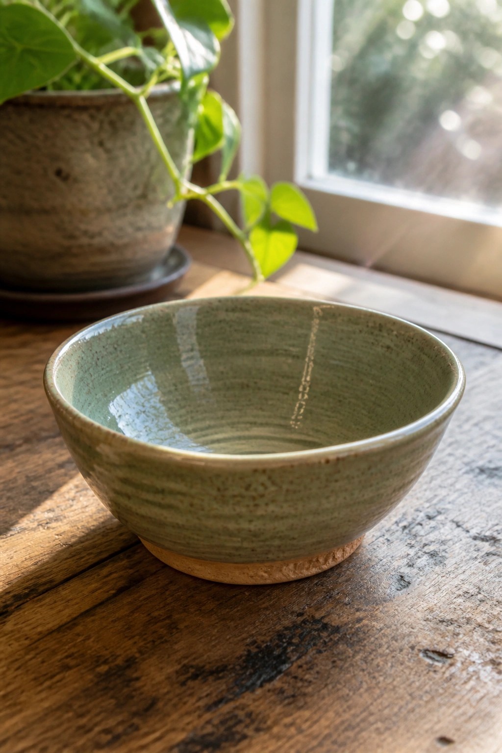 Green ceramic bowl on wooden table with potted plant and sunlit window