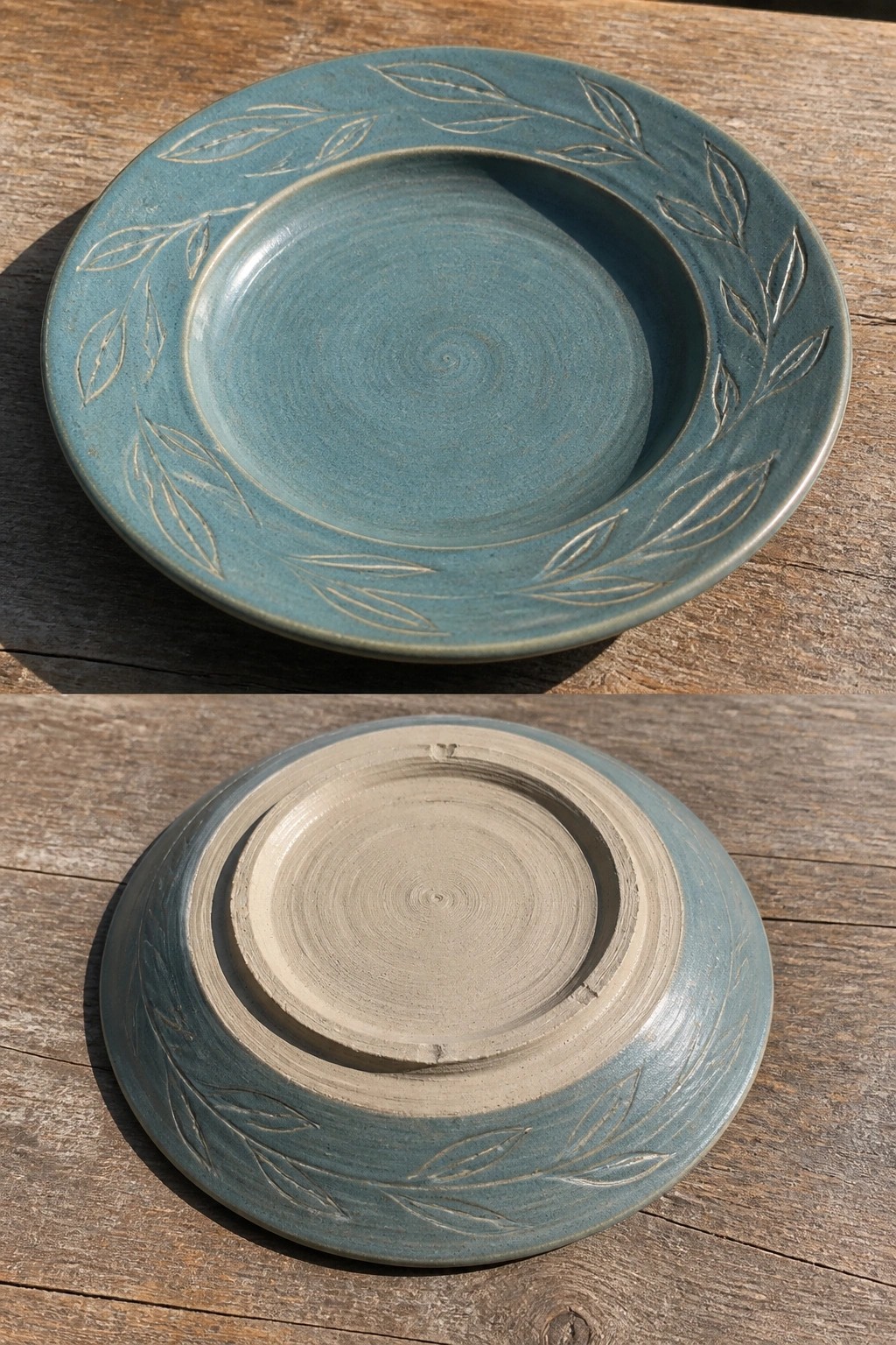 Top and bottom views of a teal wheel-thrown bowl with incised leaf patterns around the rim resting on wood.