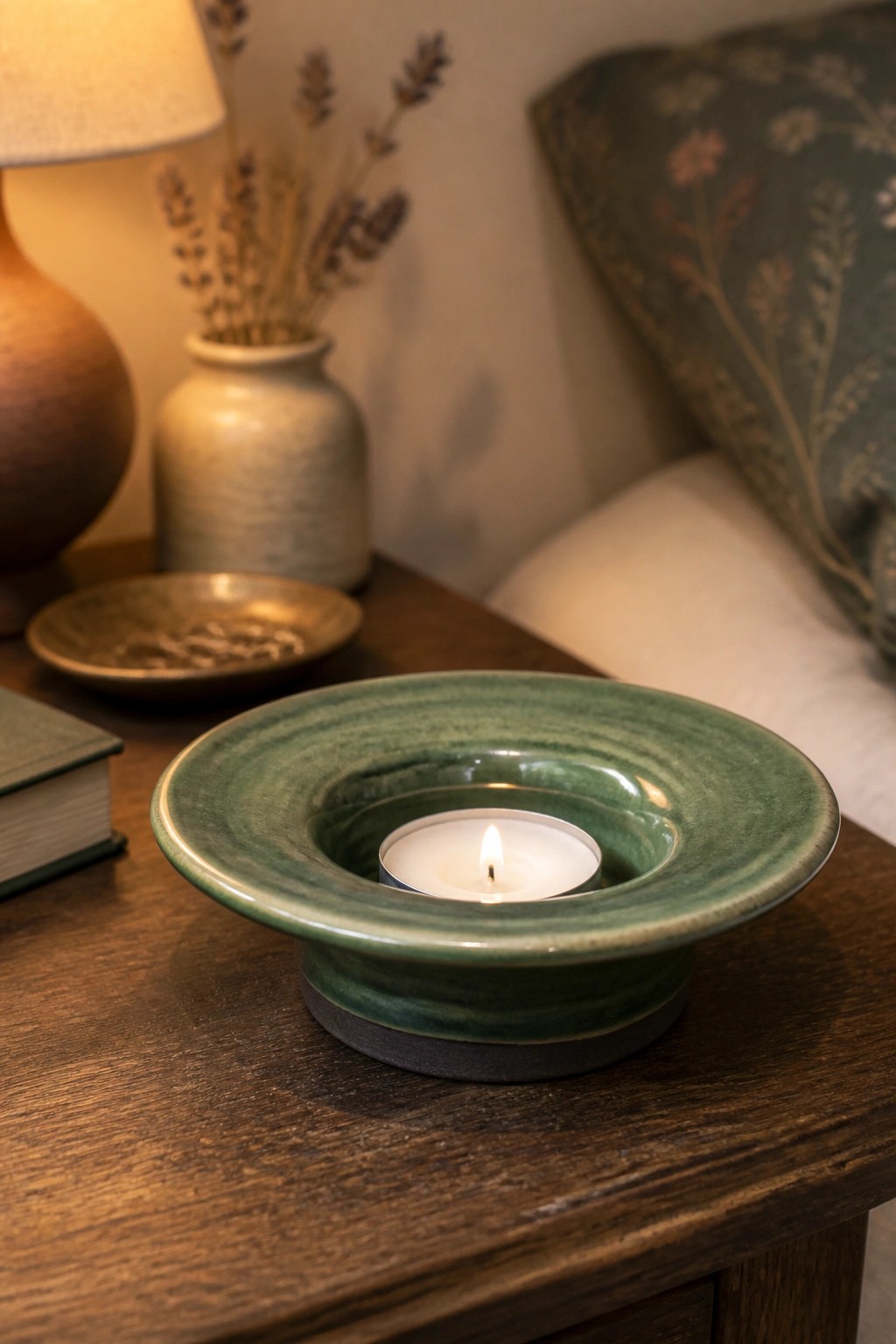 Lit candle in green ceramic holder on wooden table with lavender and lamp