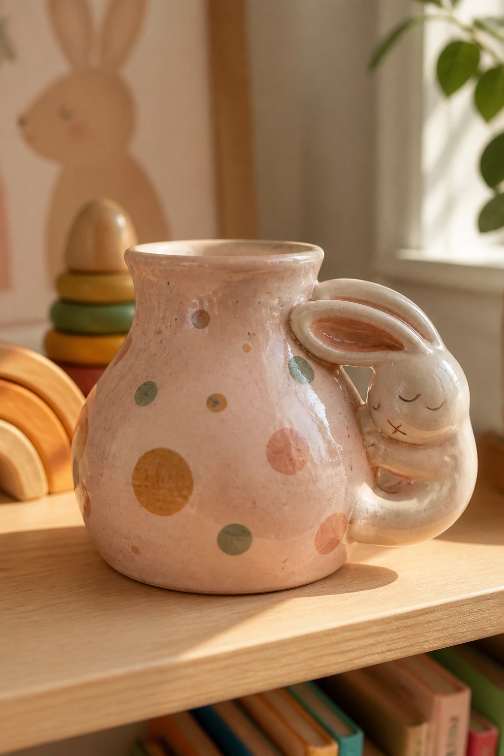 Pink polka-dotted ceramic mug with sleeping bunny handle on wooden shelf with toys.