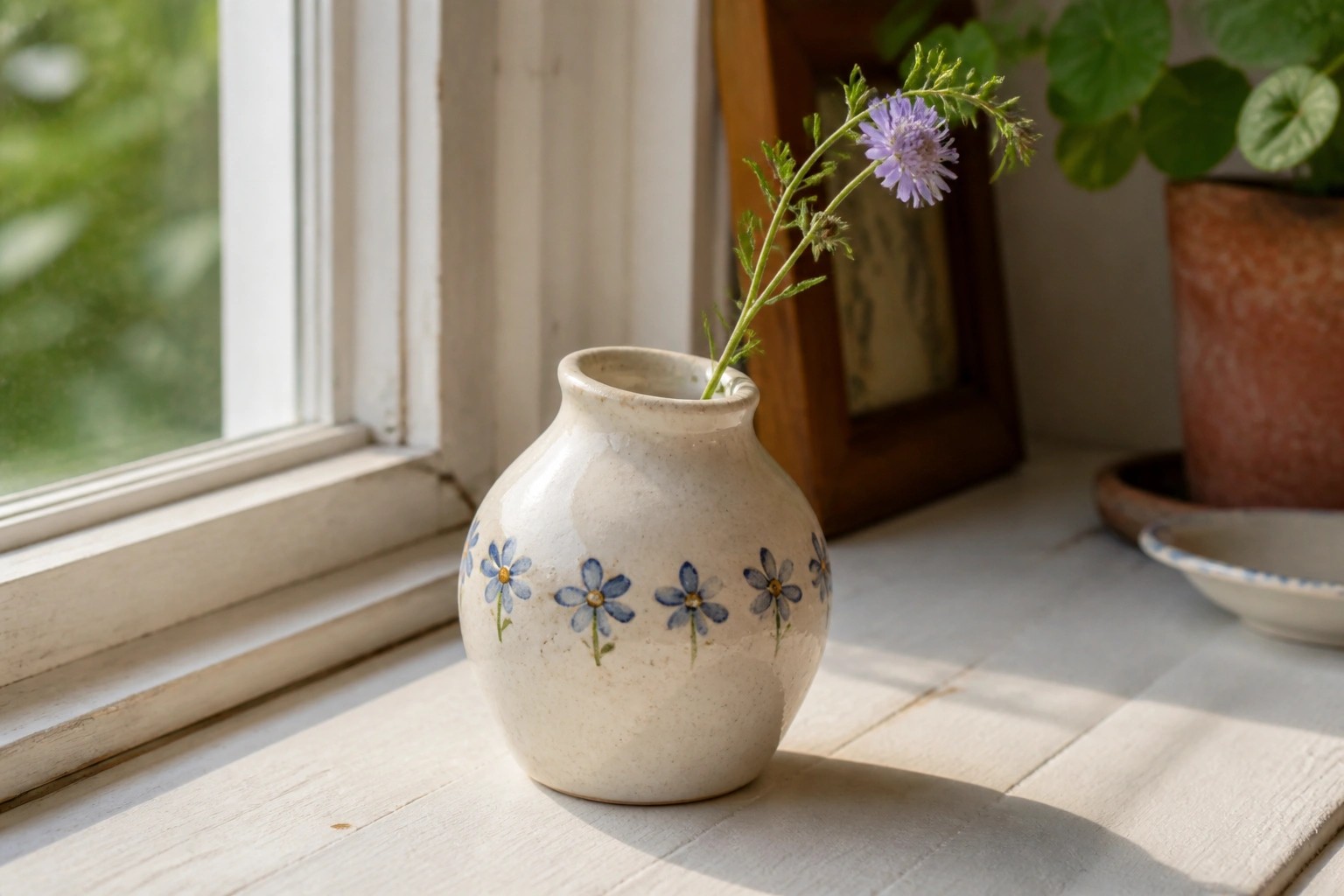 Ceramic vase with blue daisy pattern holding white wildflowers on windowsill